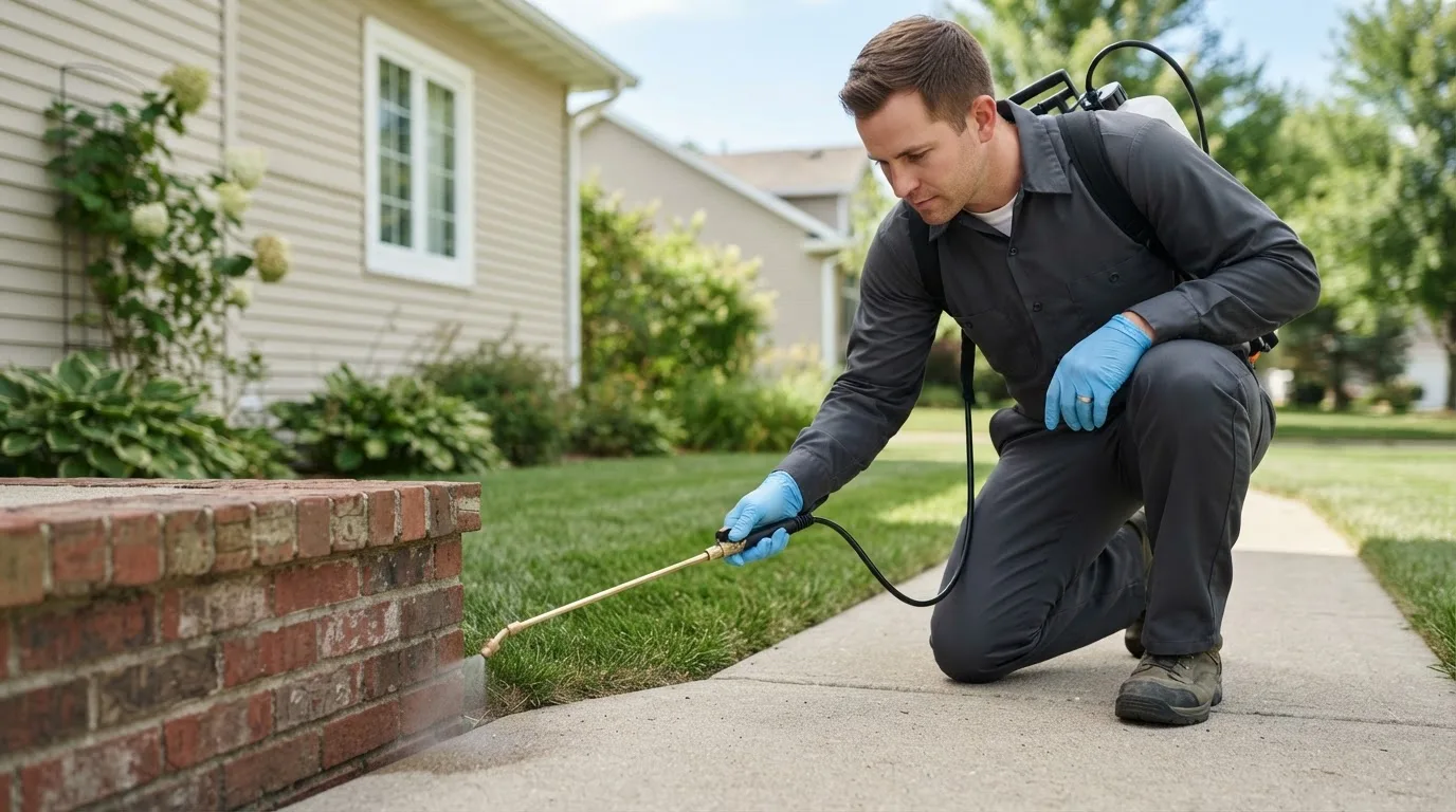 Pest control technician treating a home near Sutherland, NE